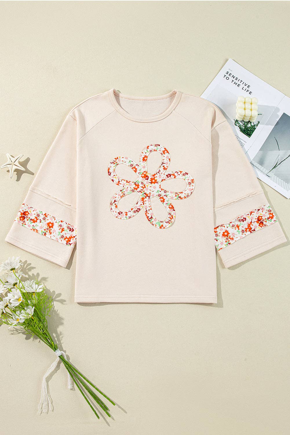Lovesoft - Flower Patch Graphic Exposed Seam Wide Sleeve Top