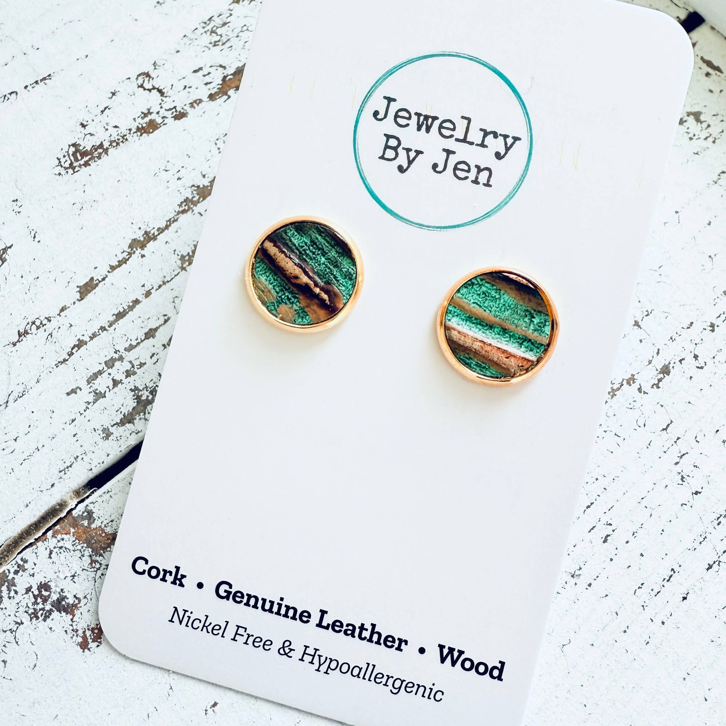 Jewelry By Jen - Stud Earrings: Aqua Bronze
