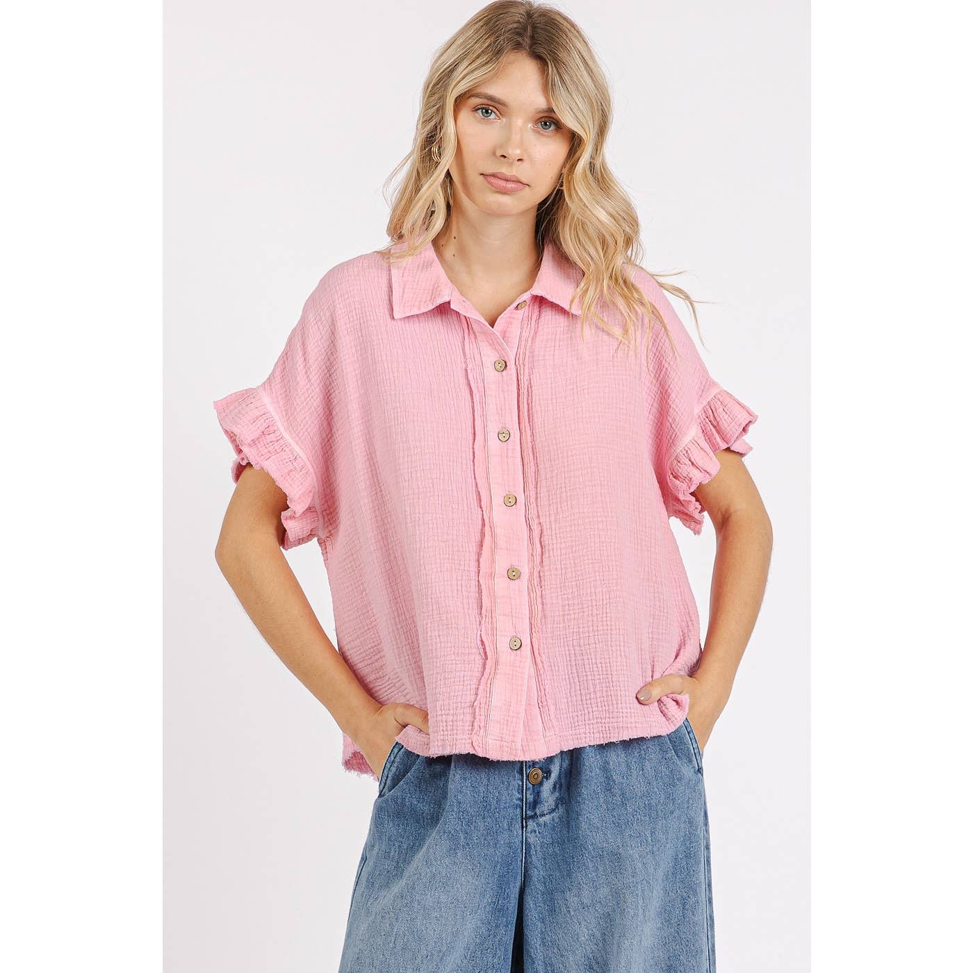 mittoshop - MINERAL WASH GAUZE RUFFLE SHORT SLEEVE SHIRT