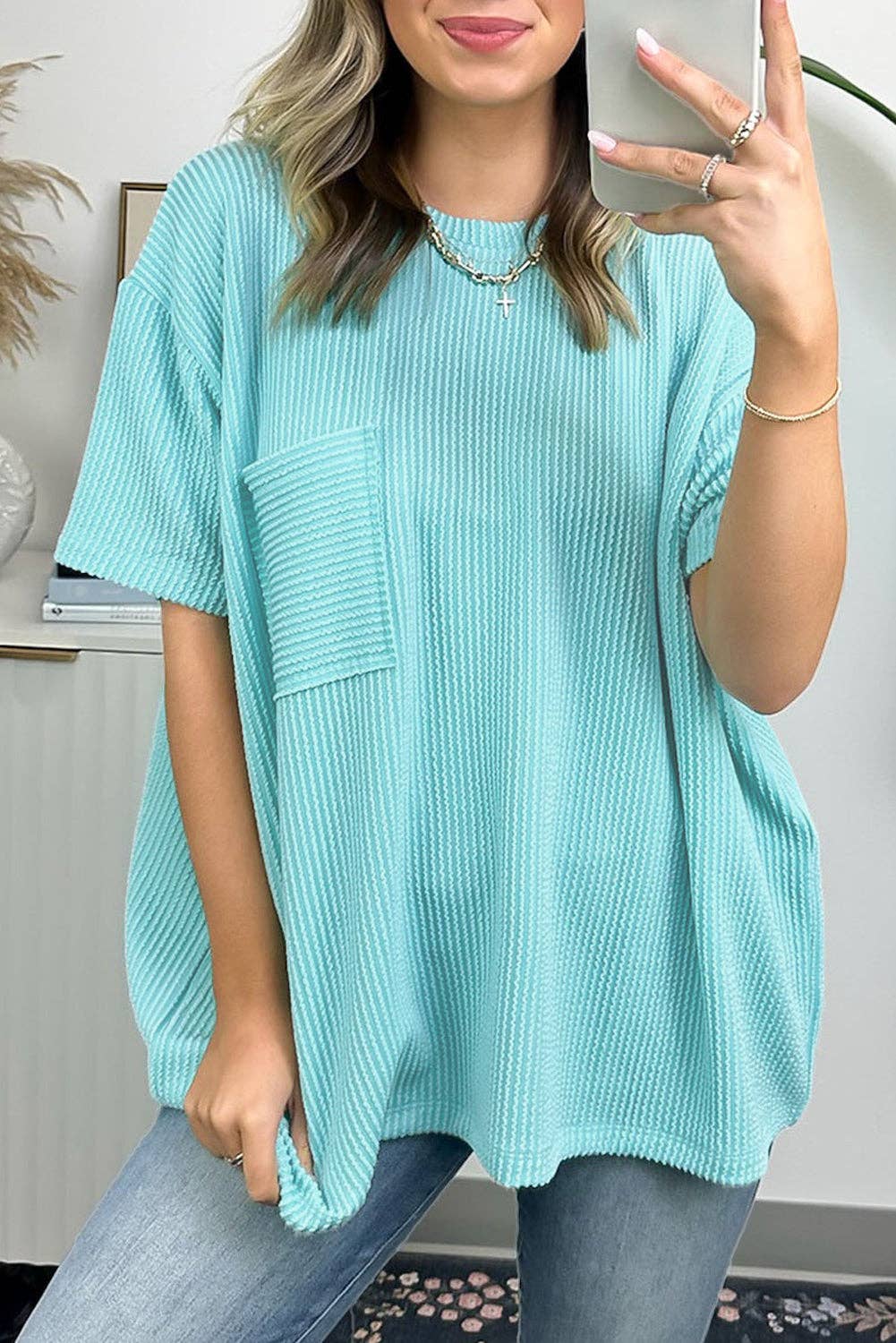 Lovesoft - Turquoise Corded Knit Pocketed Loose Fit T Shirt