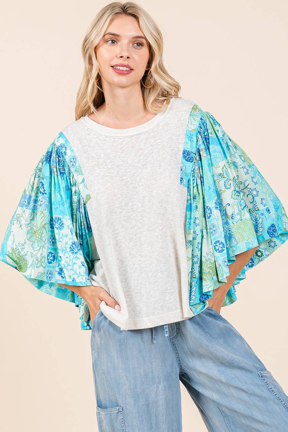 mittoshop - FLORAL PATCHWORK PRINT RUFFLE FLUTTER SLEEVE TOP