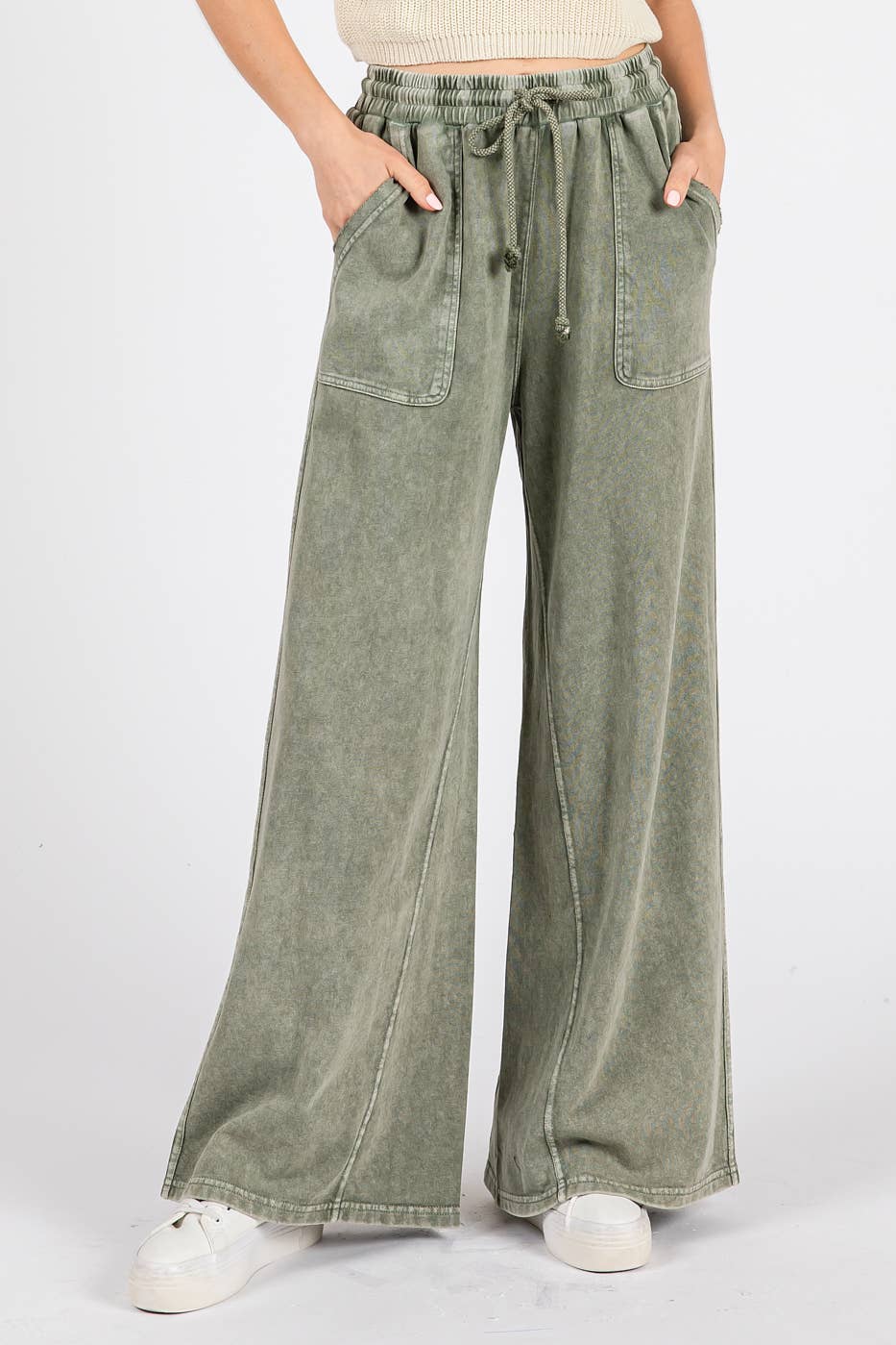 mittoshop - MINERAL WASH FRENCH TERRY WIDE LEG PANTS