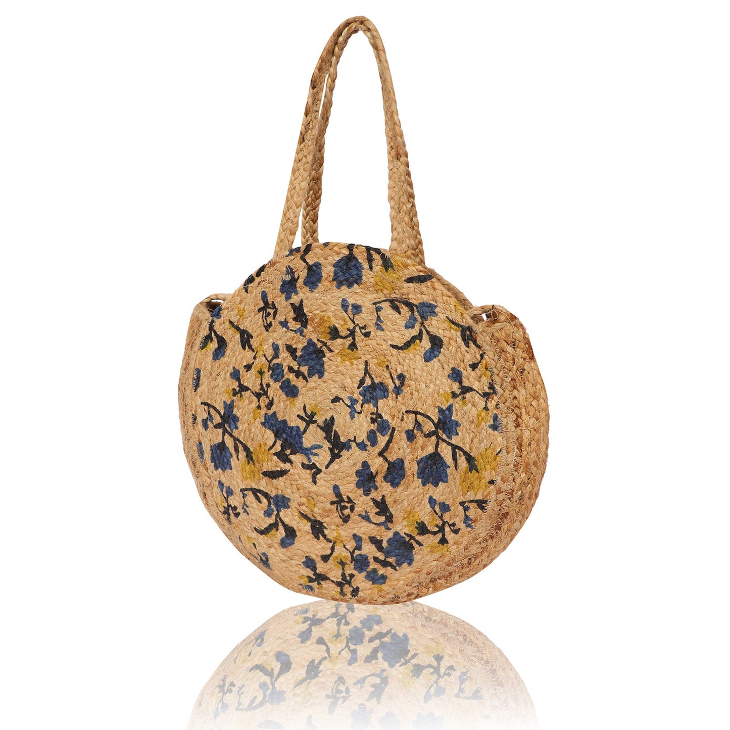 Chloe & Lex - Floral Print Round Pure Jute Beach Tote Bag