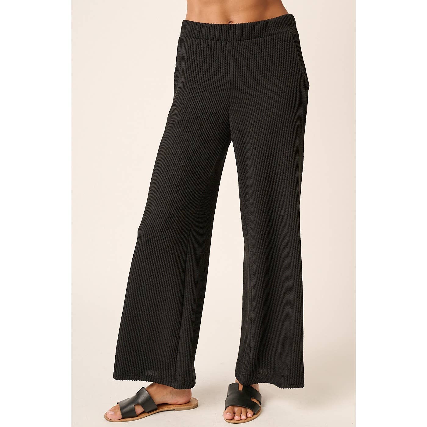 mittoshop - P9662-RIB KNIT TEXTURE ELASTIC WAIST WIDE LEG PANTS