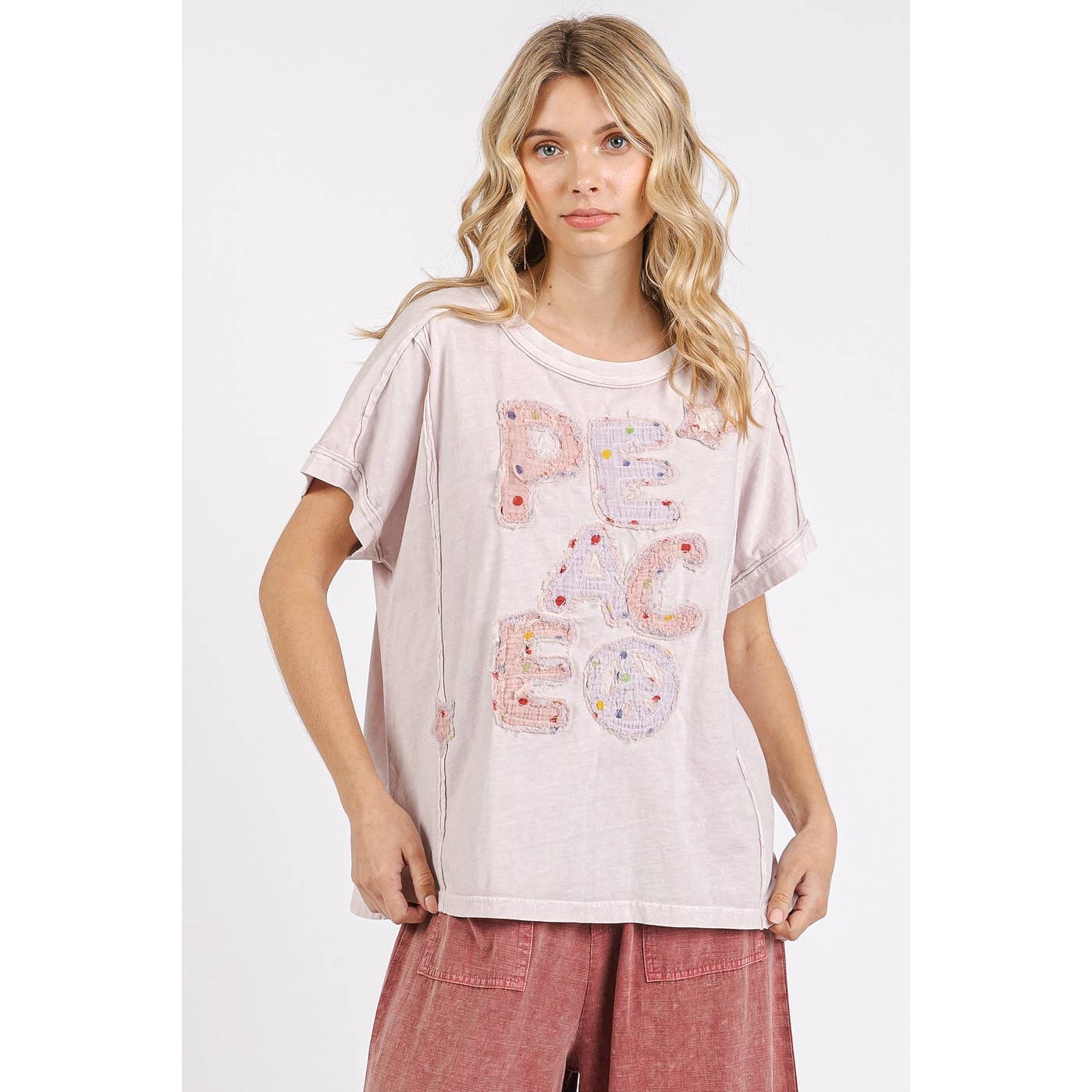 mittoshop - PEACE SIGN LETTERING PATCHWORK SHORT SLEEVE TOP