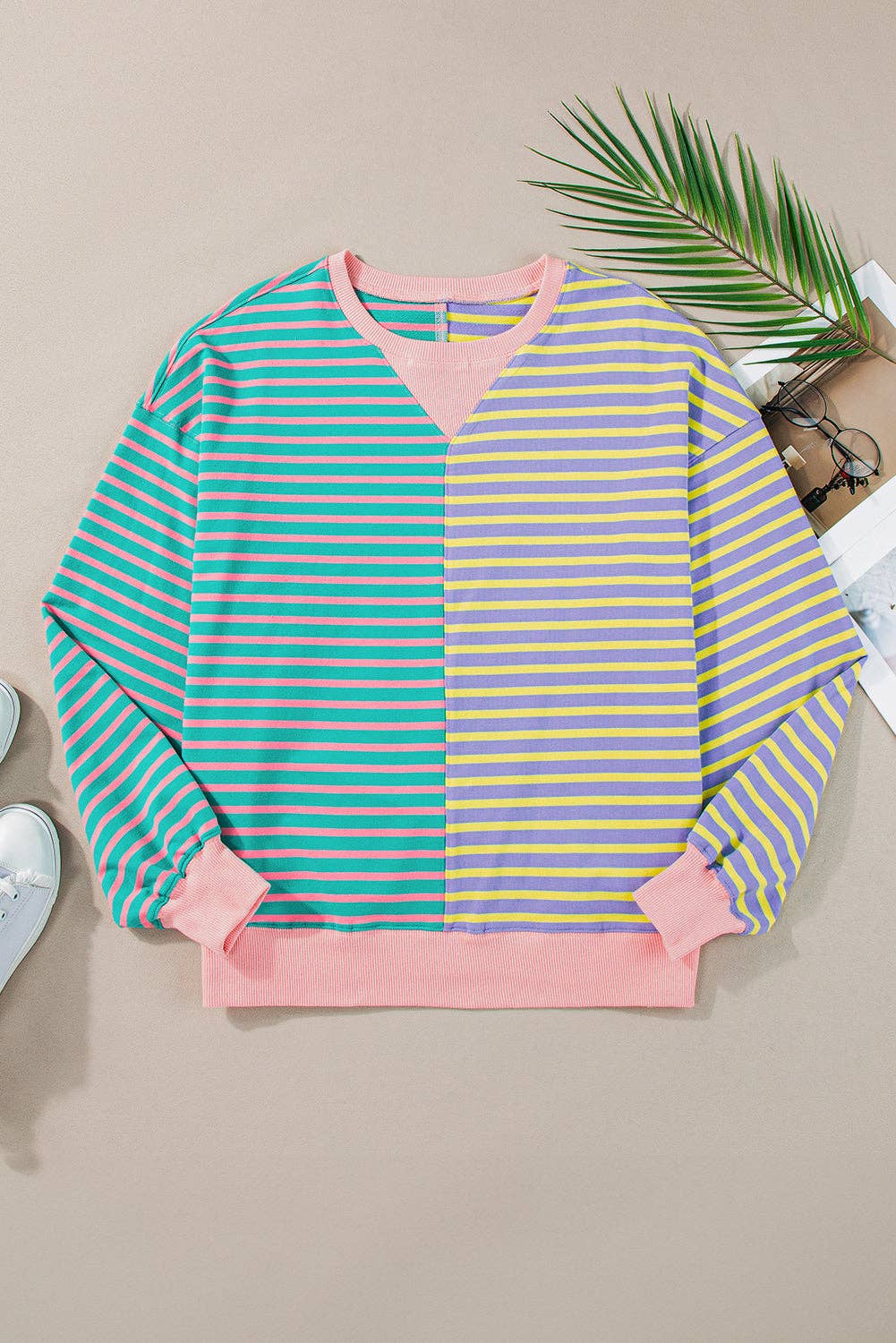 Lovesoft - Casual Stripe Colorblock Drop Shoulder Oversize Sweatshirt