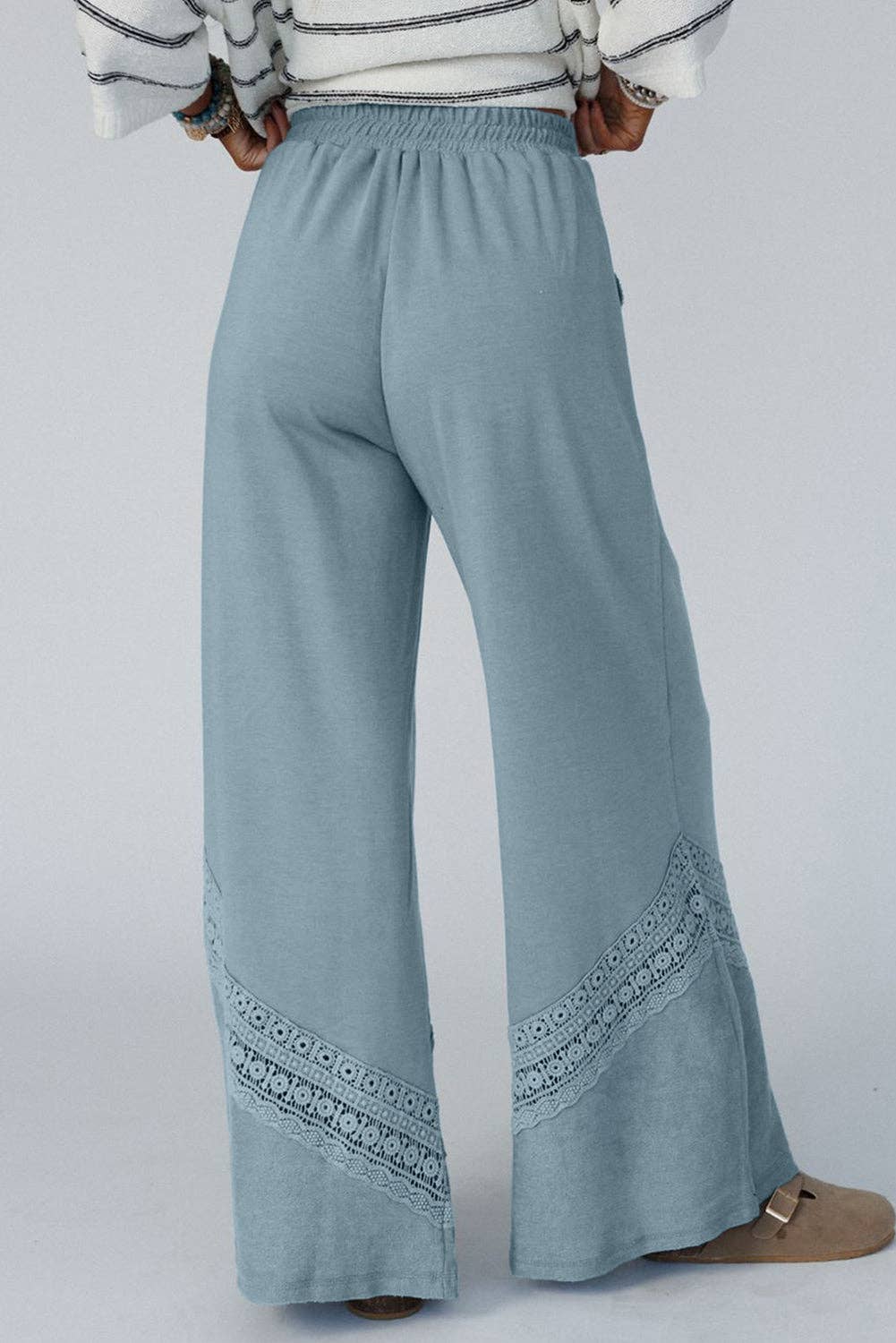 Lovesoft - Dusk Blue Lace Crochet Patched Lace-up High Waist Wide Leg Pants
