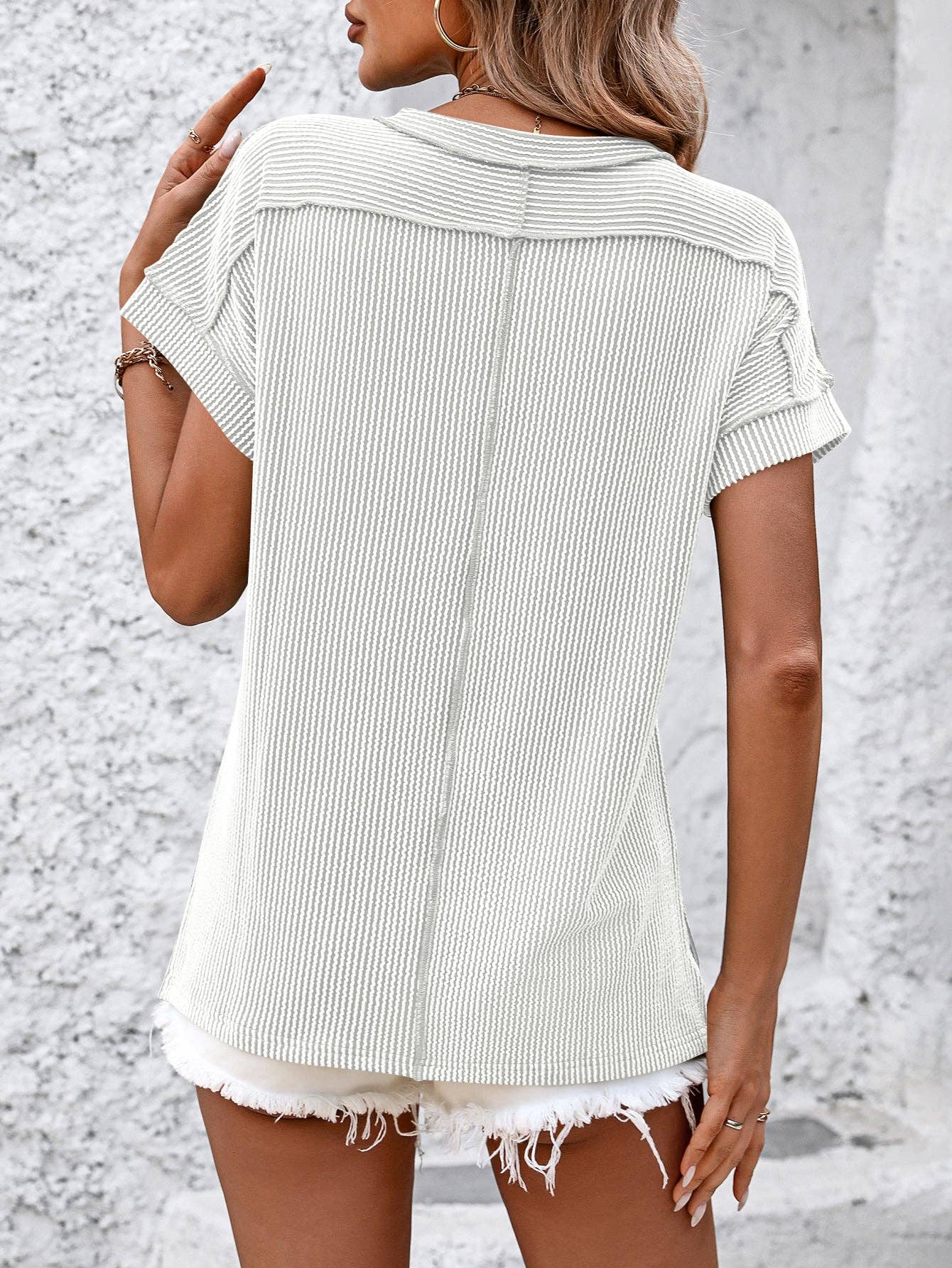 Lovesoft - Backstitch Strip Short Sleeve Knit Casual T Shirts