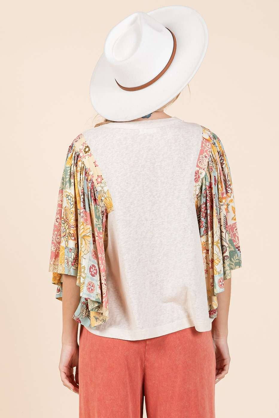 mittoshop - FLORAL PATCHWORK PRINT RUFFLE FLUTTER SLEEVE TOP