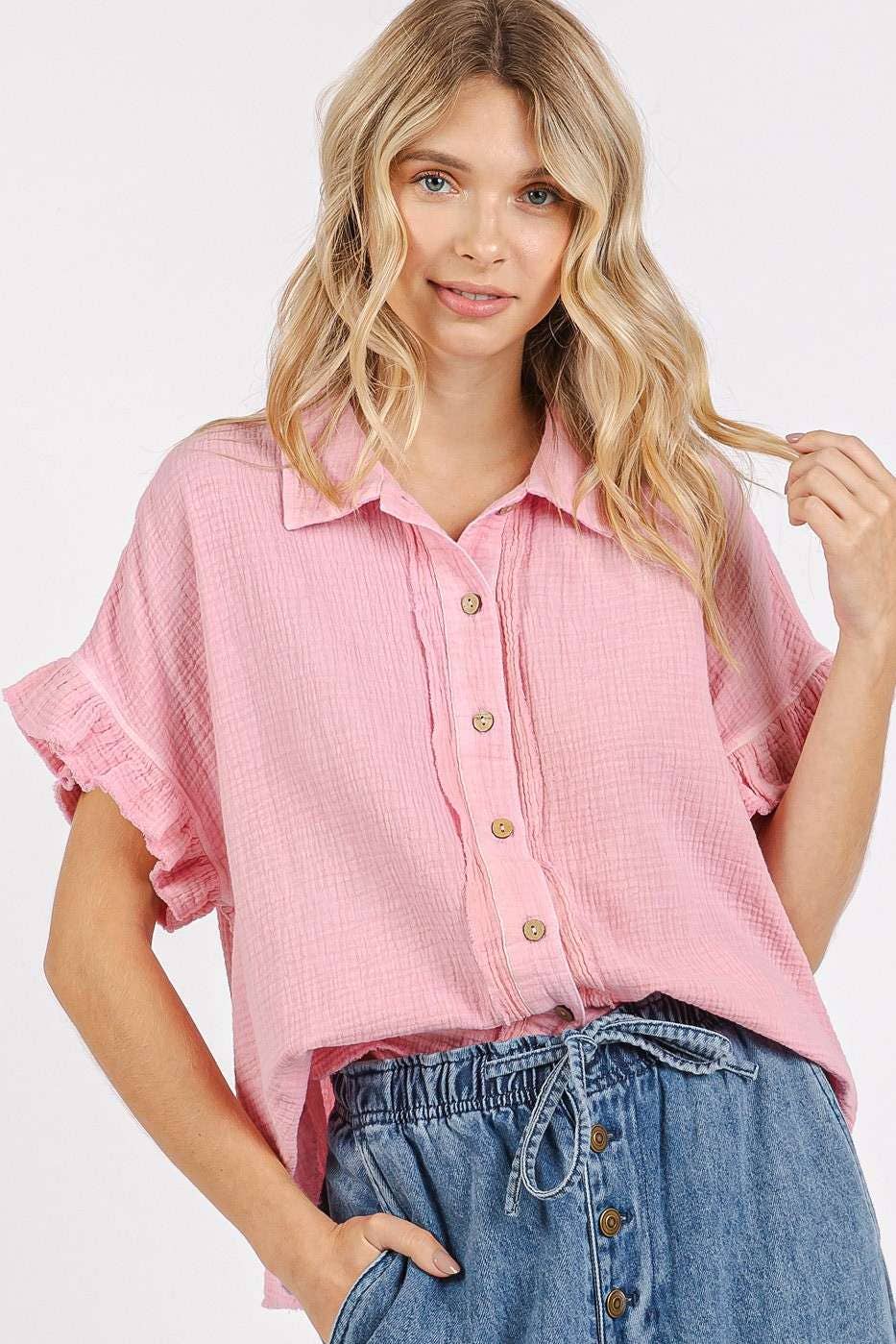 mittoshop - MINERAL WASH GAUZE RUFFLE SHORT SLEEVE SHIRT
