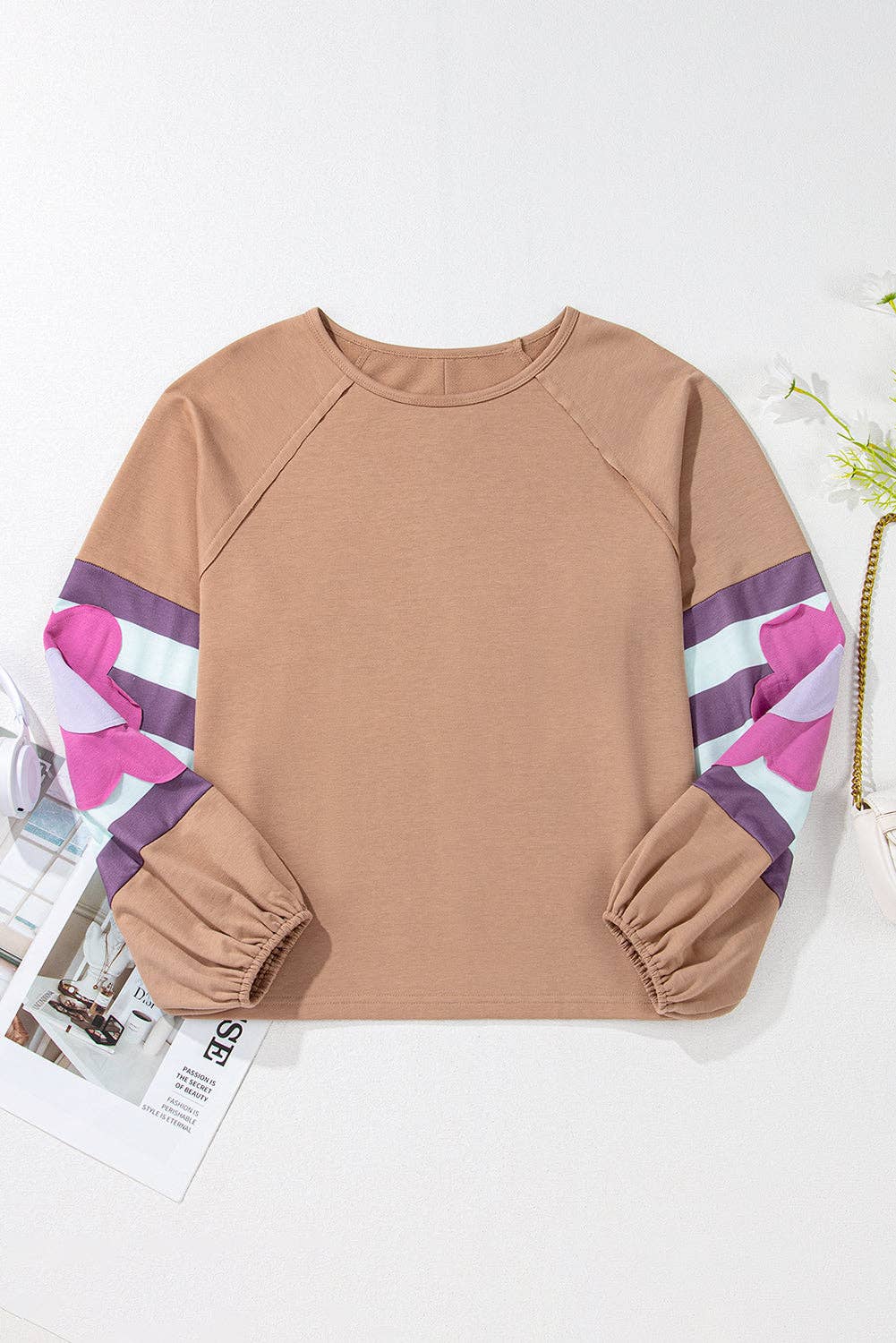 Lovesoft - Flower Patchwork Raglan Sleeve Exposed Seam Oversized Top