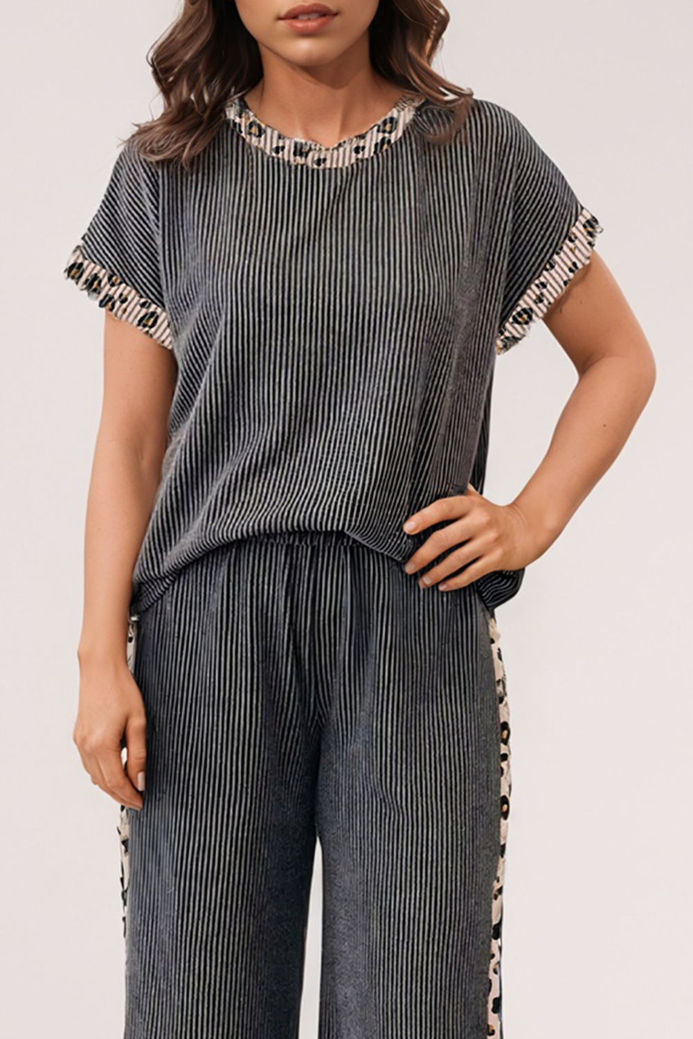 LA Society - Leopard Patchwork Edge Corded T Shirt and Pants Set