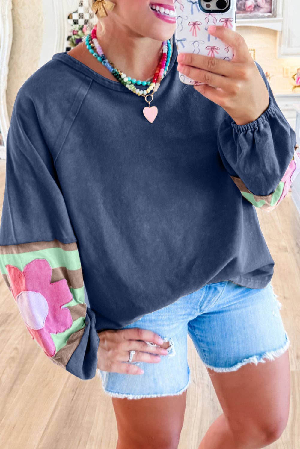 Lovesoft - Flower Patchwork Raglan Sleeve Exposed Seam Oversized Top