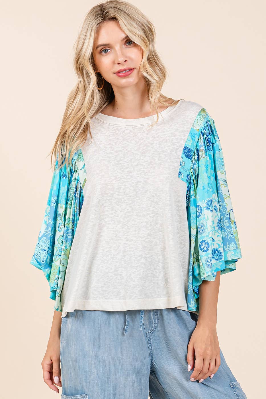 mittoshop - FLORAL PATCHWORK PRINT RUFFLE FLUTTER SLEEVE TOP