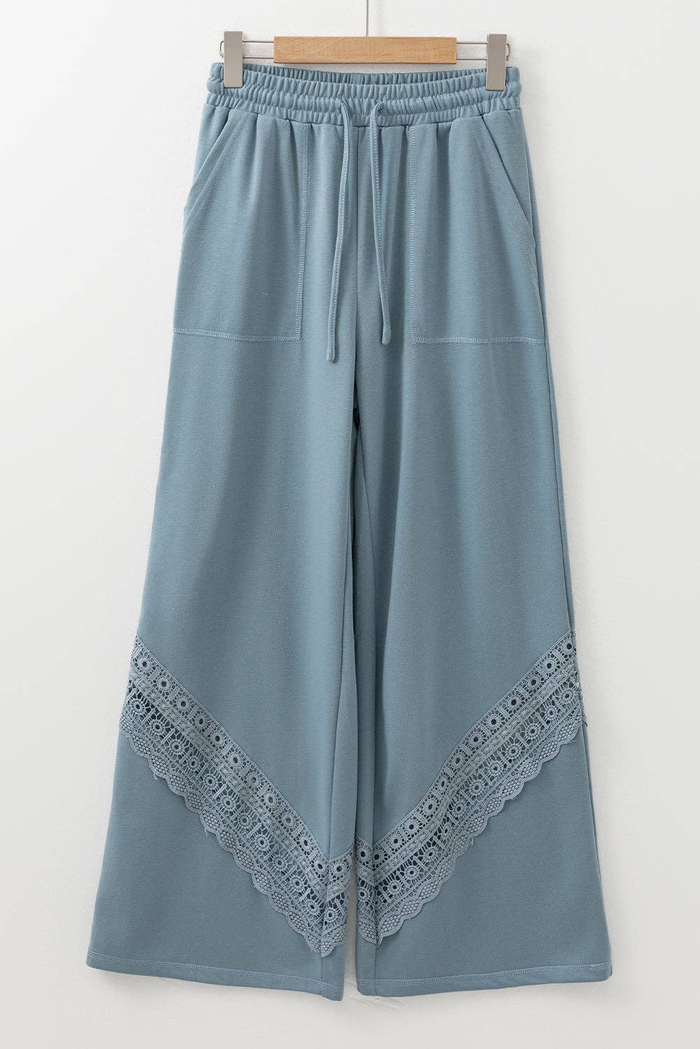 Lovesoft - Dusk Blue Lace Crochet Patched Lace-up High Waist Wide Leg Pants