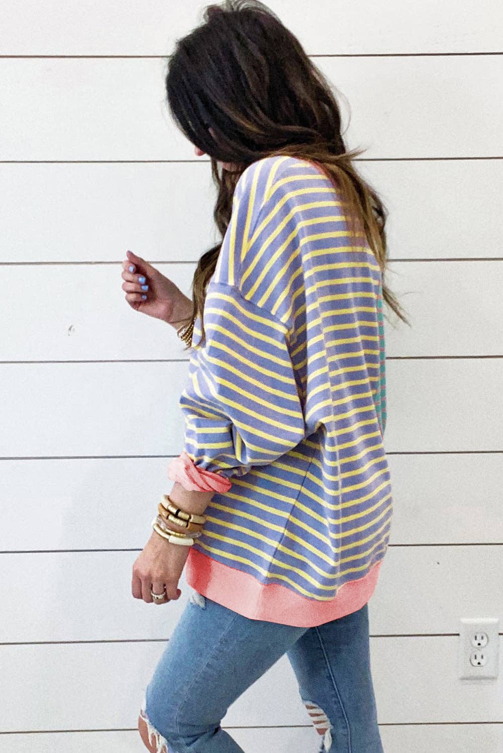 Lovesoft - Casual Stripe Colorblock Drop Shoulder Oversize Sweatshirt