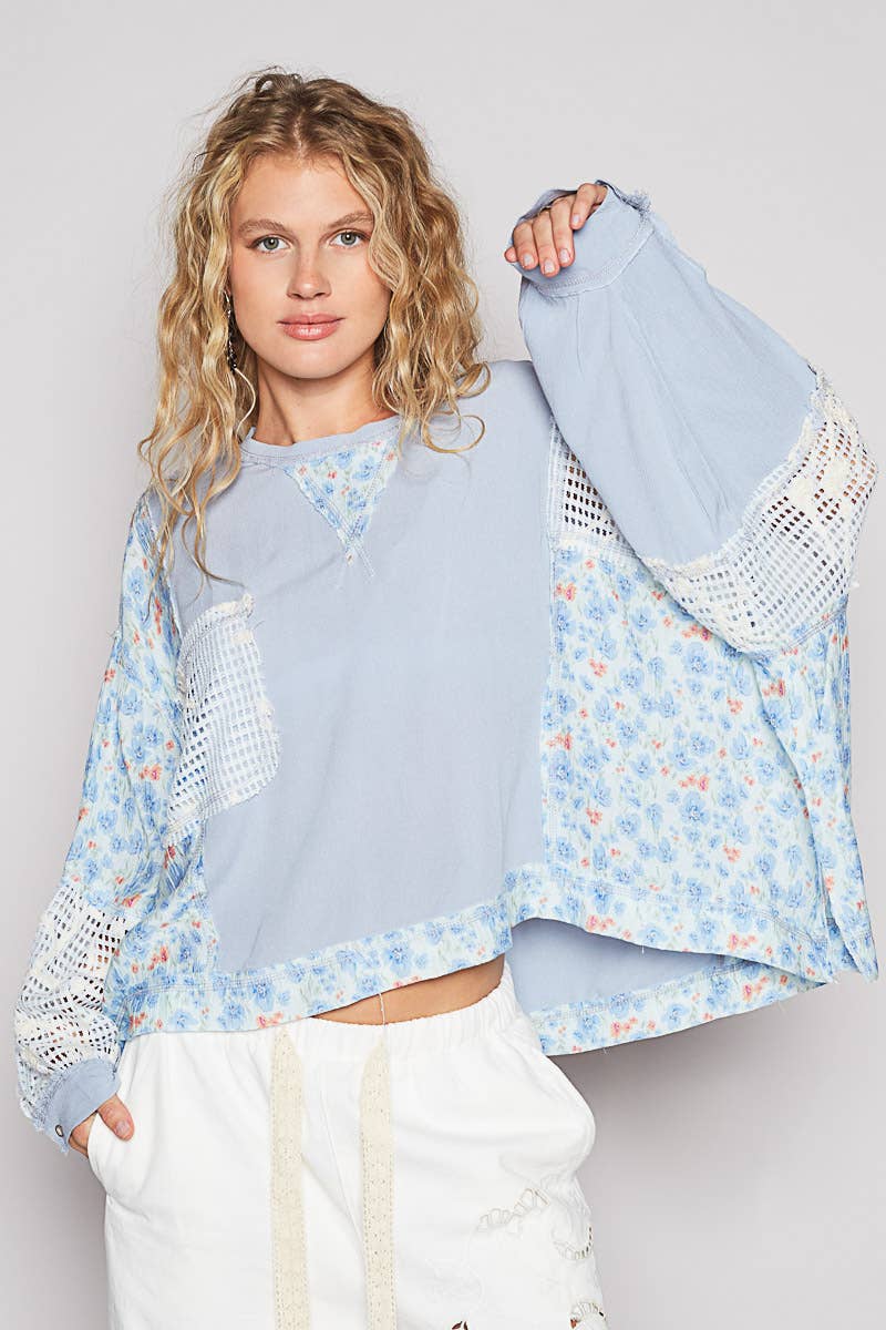 Pol Clothing - Round neck long sleeve floral print contrast top
