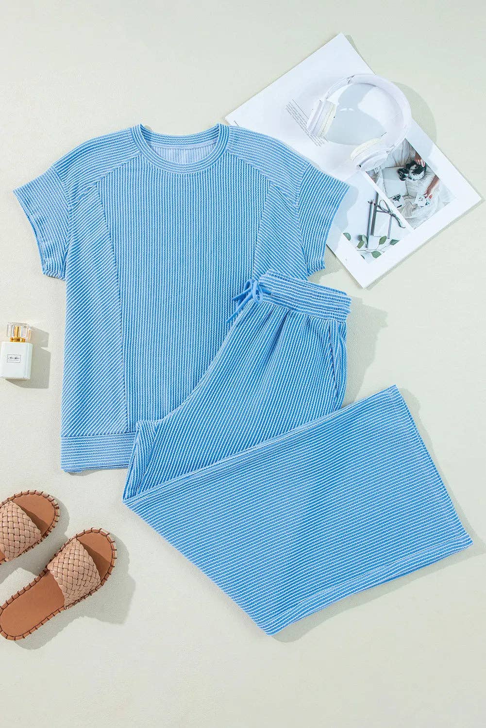 Lovesoft - Solid Corded Knit Short Sleeve T Shirt and Wide Leg Pants Set