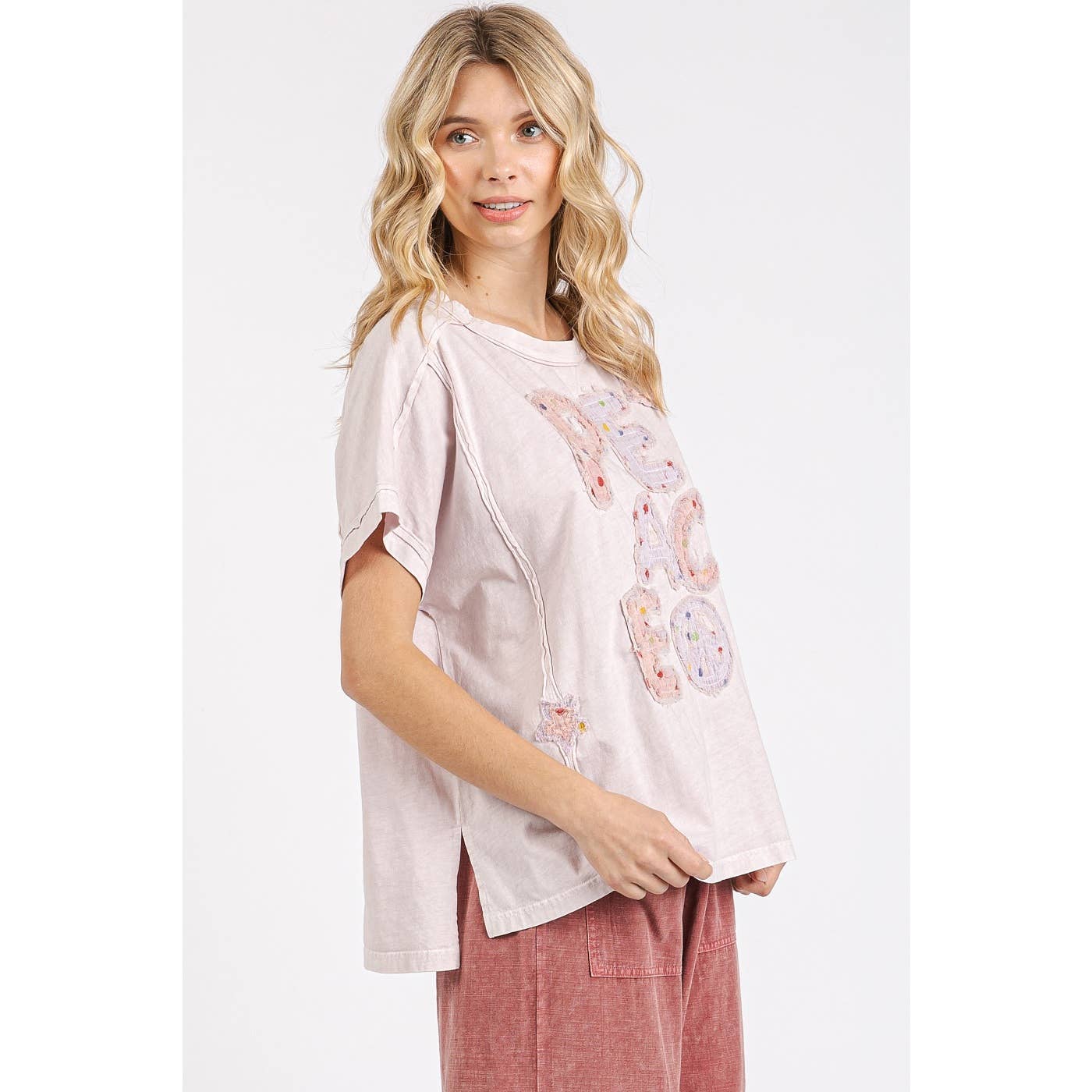 mittoshop - PEACE SIGN LETTERING PATCHWORK SHORT SLEEVE TOP