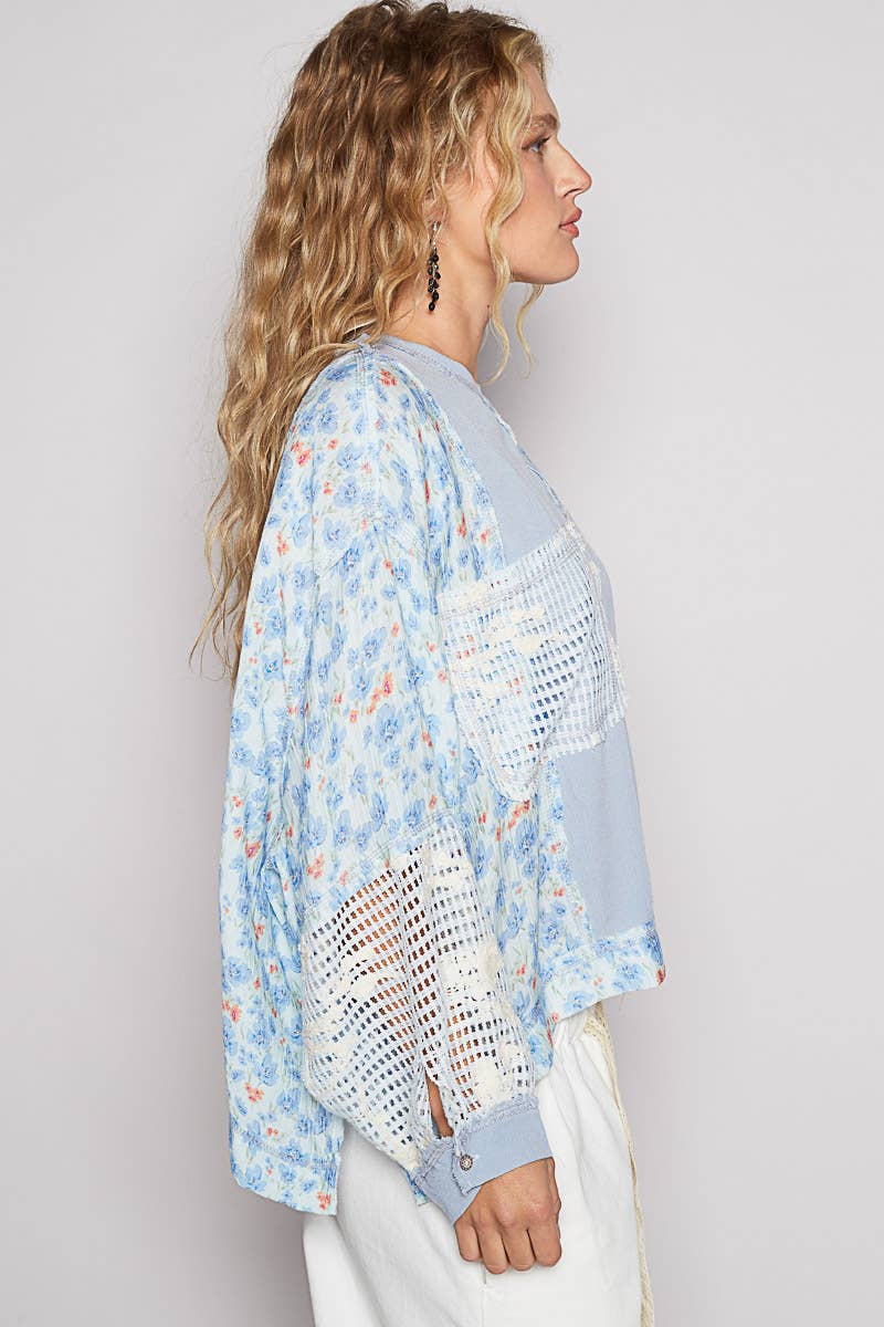Pol Clothing - Round neck long sleeve floral print contrast top