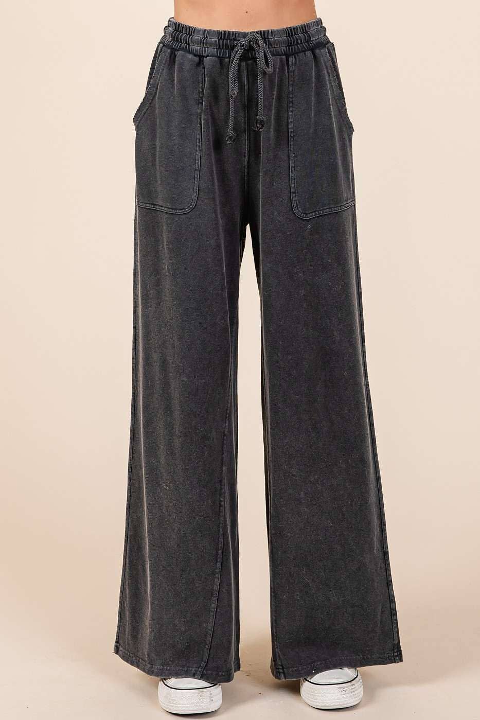 mittoshop - MINERAL WASH FRENCH TERRY WIDE LEG PANTS