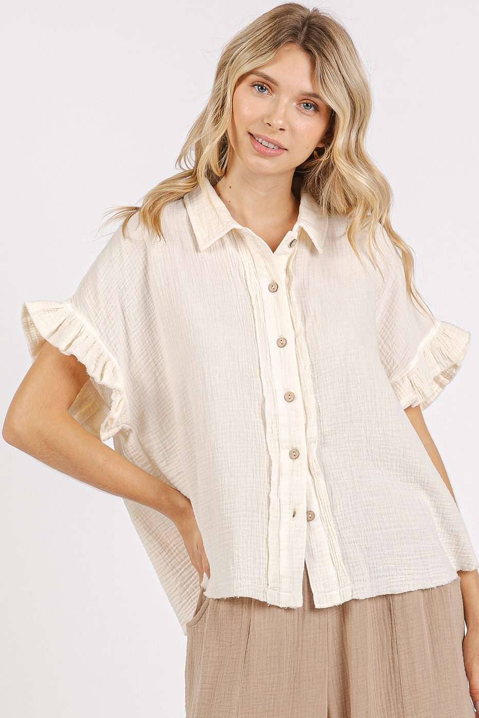 mittoshop - MINERAL WASH GAUZE RUFFLE SHORT SLEEVE SHIRT