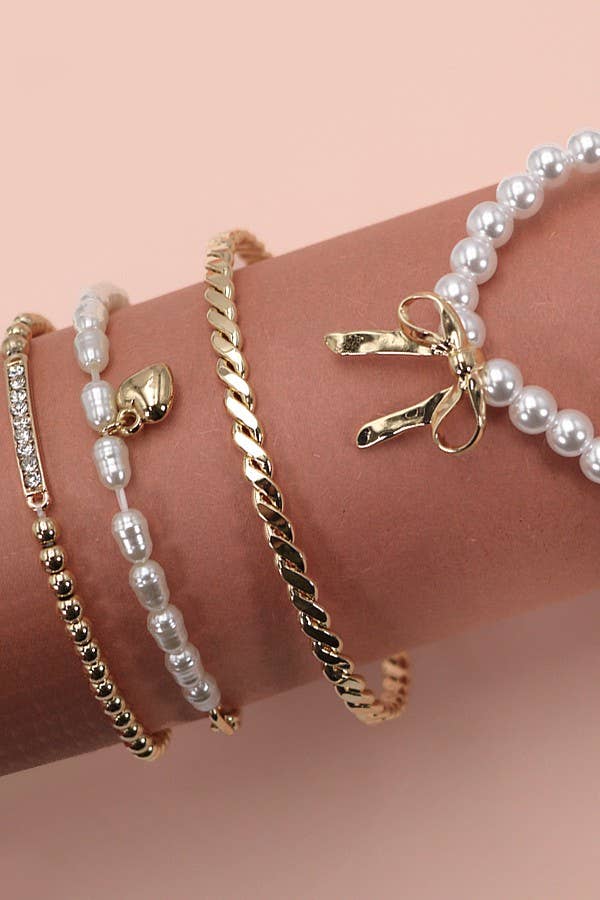 JOSSLYN by wall to wall - BOW PEARL RHINESTONE BAR STRETCH BANGLE SET | 80B137