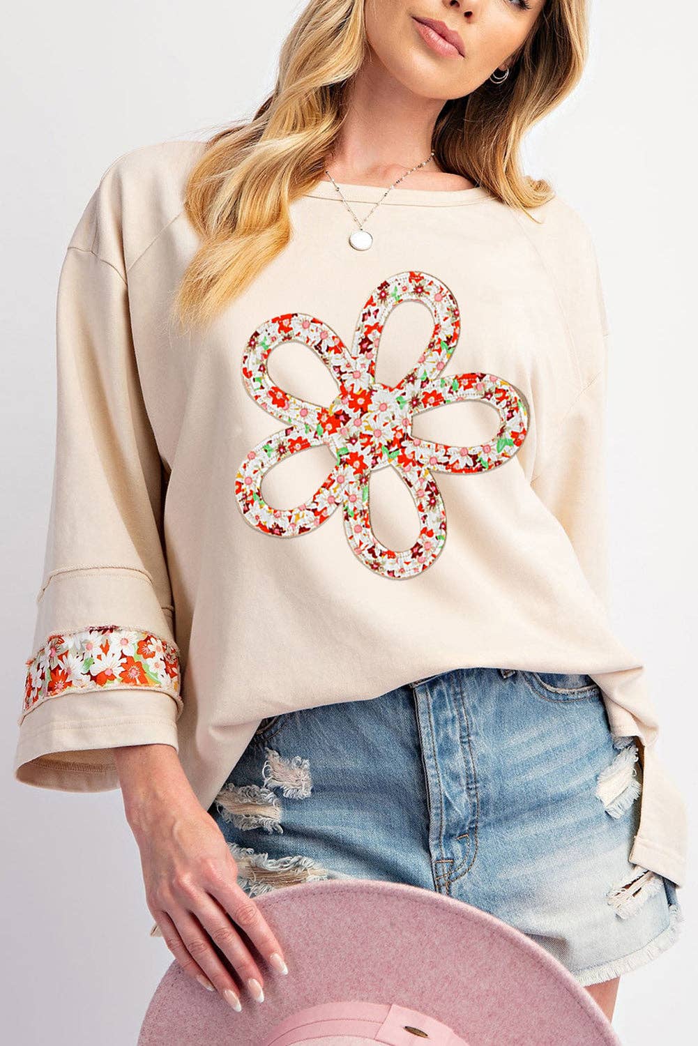 Lovesoft - Flower Patch Graphic Exposed Seam Wide Sleeve Top