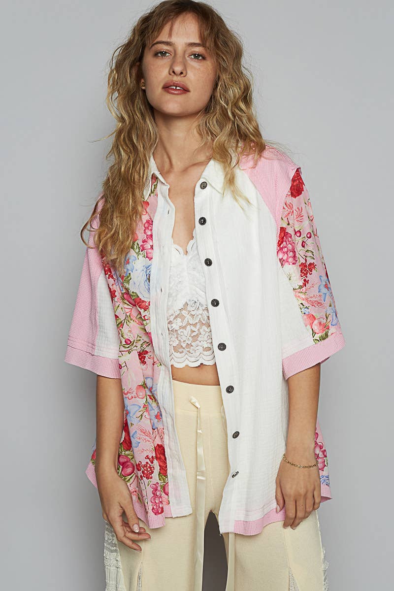 Pol Clothing - Short sleeve collared floral printed shirt top