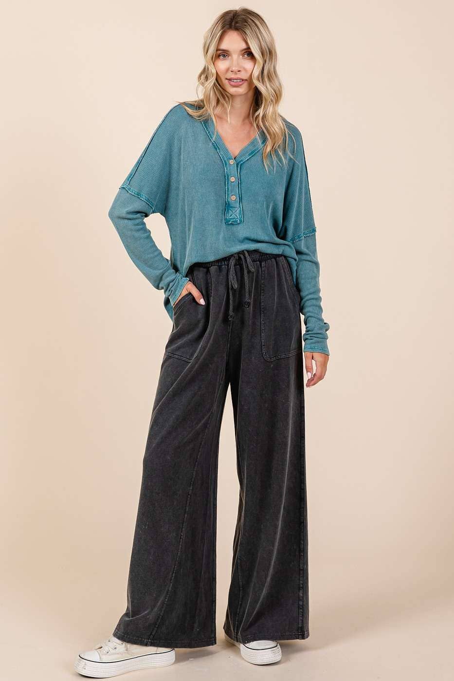 mittoshop - MINERAL WASH FRENCH TERRY WIDE LEG PANTS