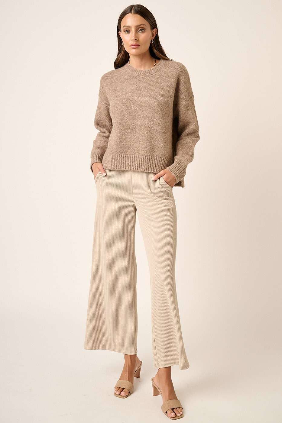 mittoshop - P9662-RIB KNIT TEXTURE ELASTIC WAIST WIDE LEG PANTS
