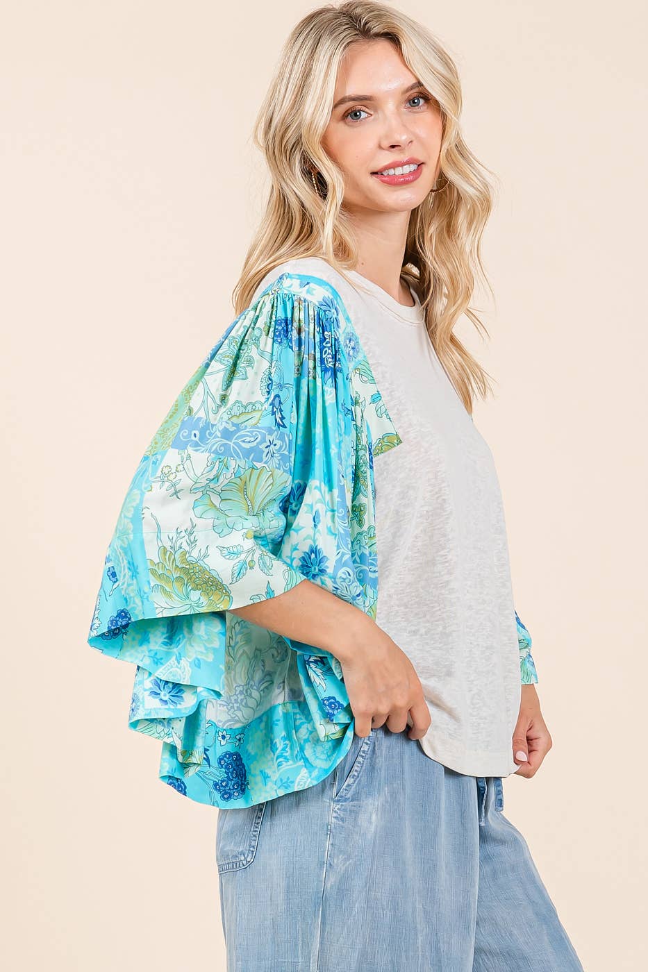 mittoshop - FLORAL PATCHWORK PRINT RUFFLE FLUTTER SLEEVE TOP