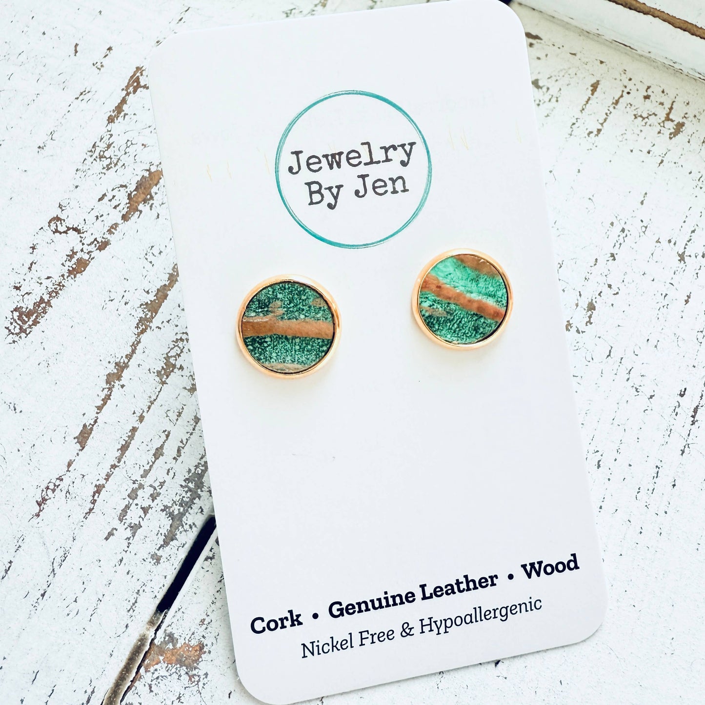 Jewelry By Jen - Stud Earrings: Aqua Bronze