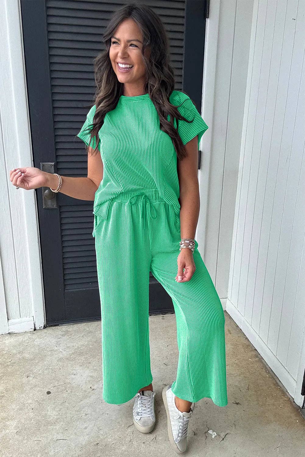 Lovesoft - Solid Corded Knit Short Sleeve T Shirt and Wide Leg Pants Set