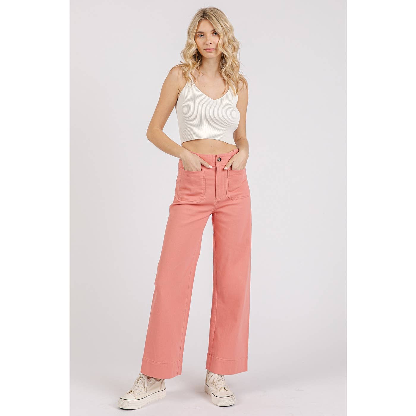 mittoshop - TWILL PATCH POCKET HIGH RISE WIDE LEG PANTS