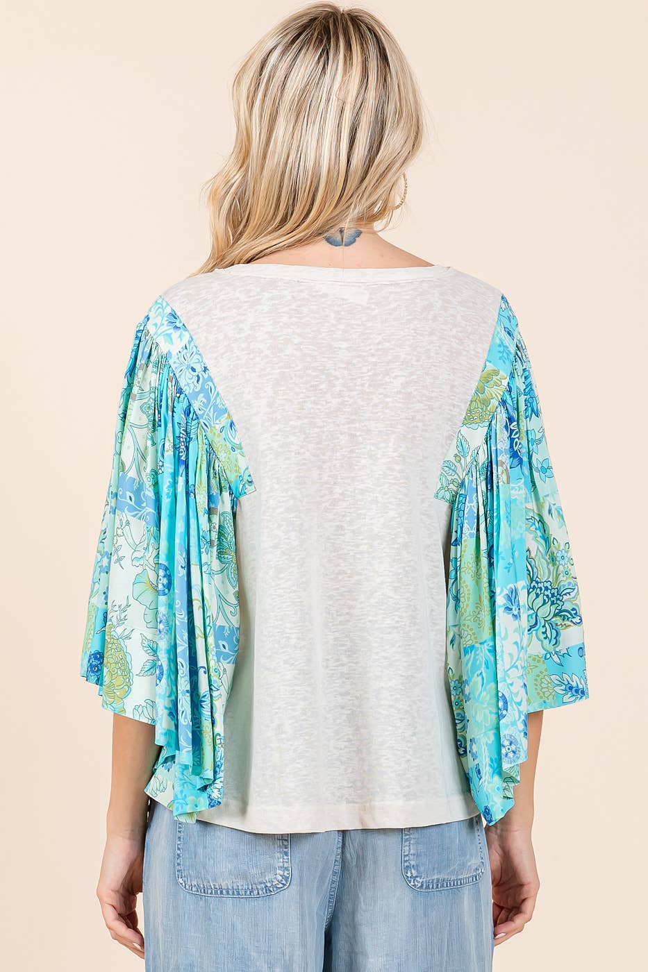 mittoshop - FLORAL PATCHWORK PRINT RUFFLE FLUTTER SLEEVE TOP