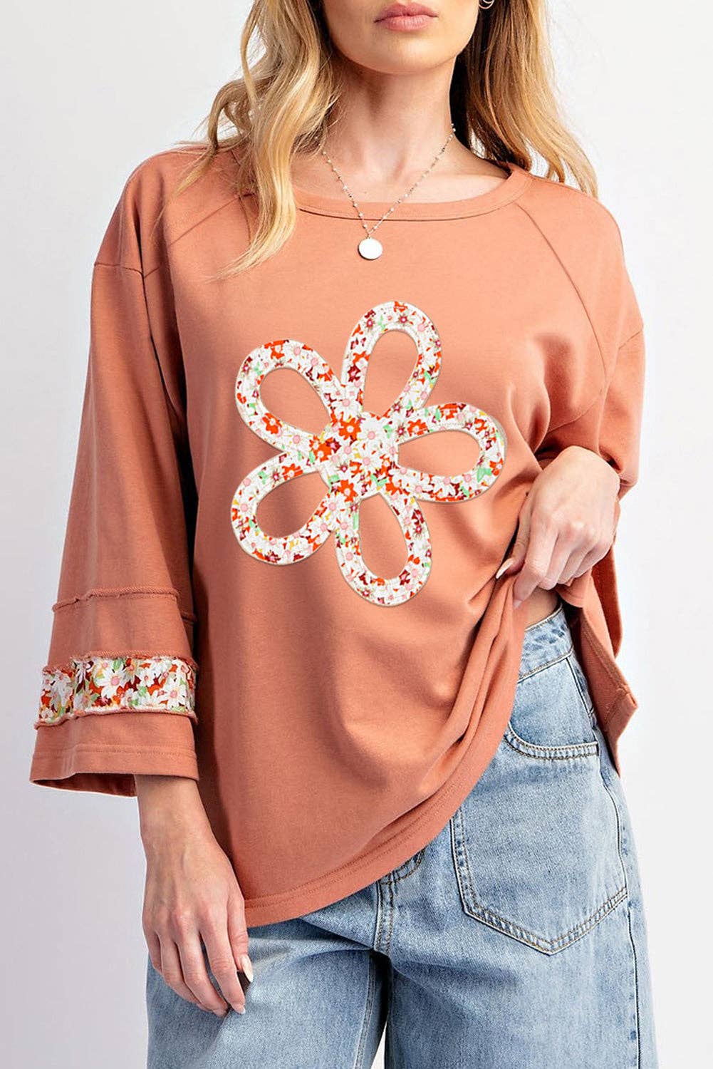 Lovesoft - Flower Patch Graphic Exposed Seam Wide Sleeve Top