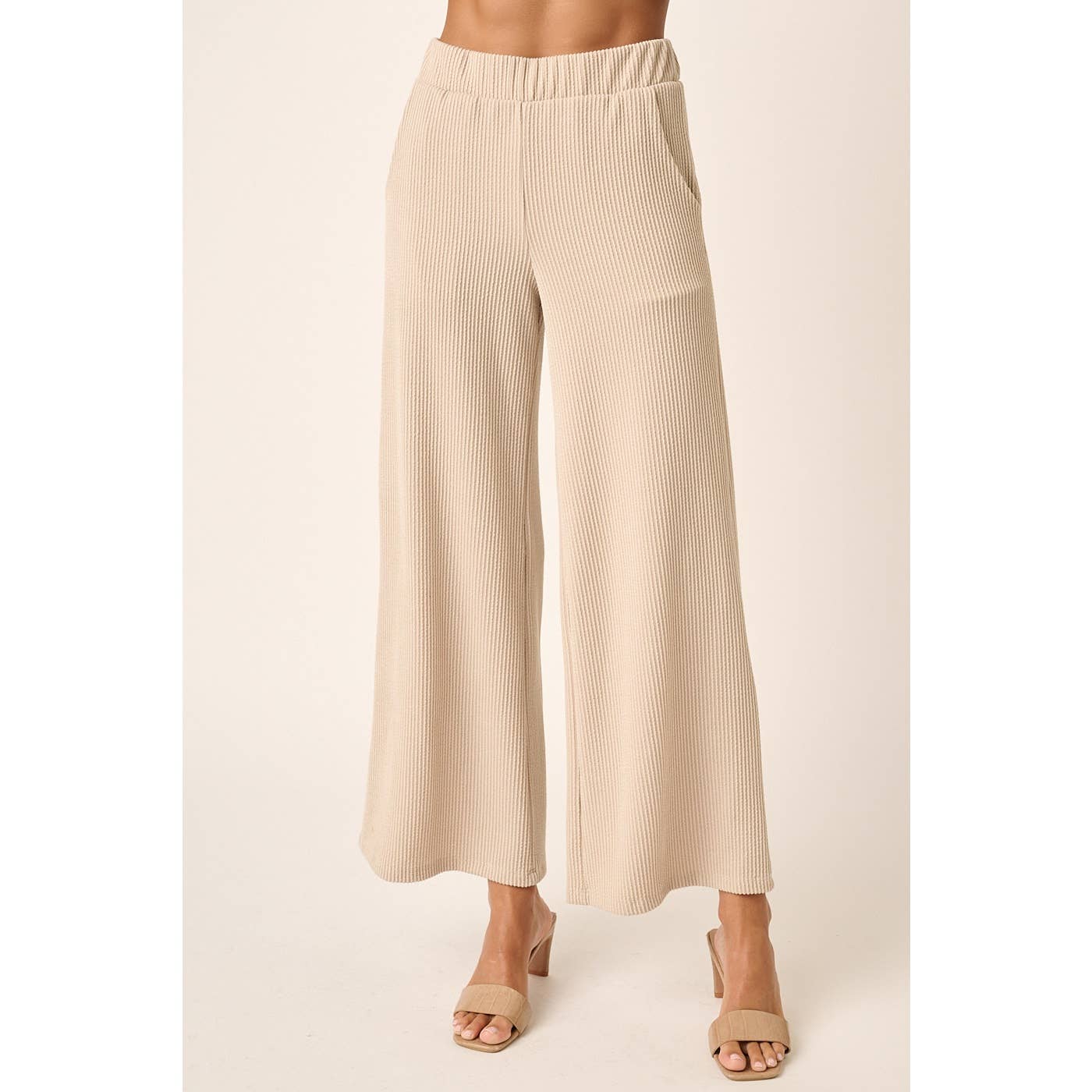 mittoshop - P9662-RIB KNIT TEXTURE ELASTIC WAIST WIDE LEG PANTS