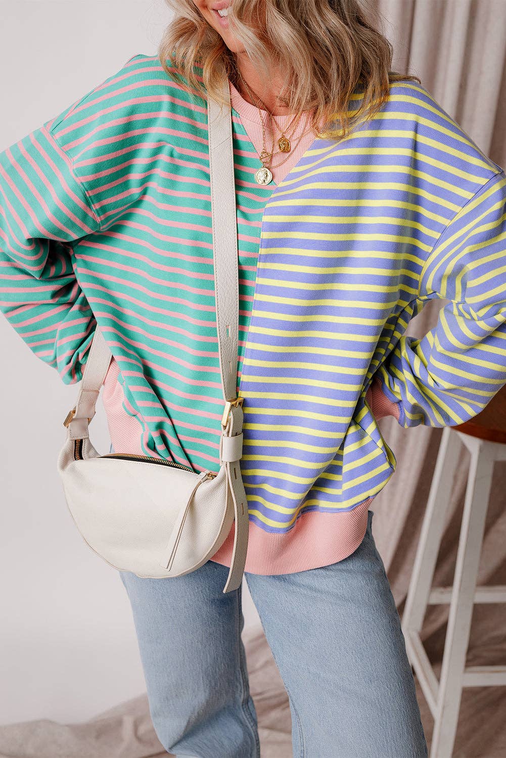 Lovesoft - Casual Stripe Colorblock Drop Shoulder Oversize Sweatshirt