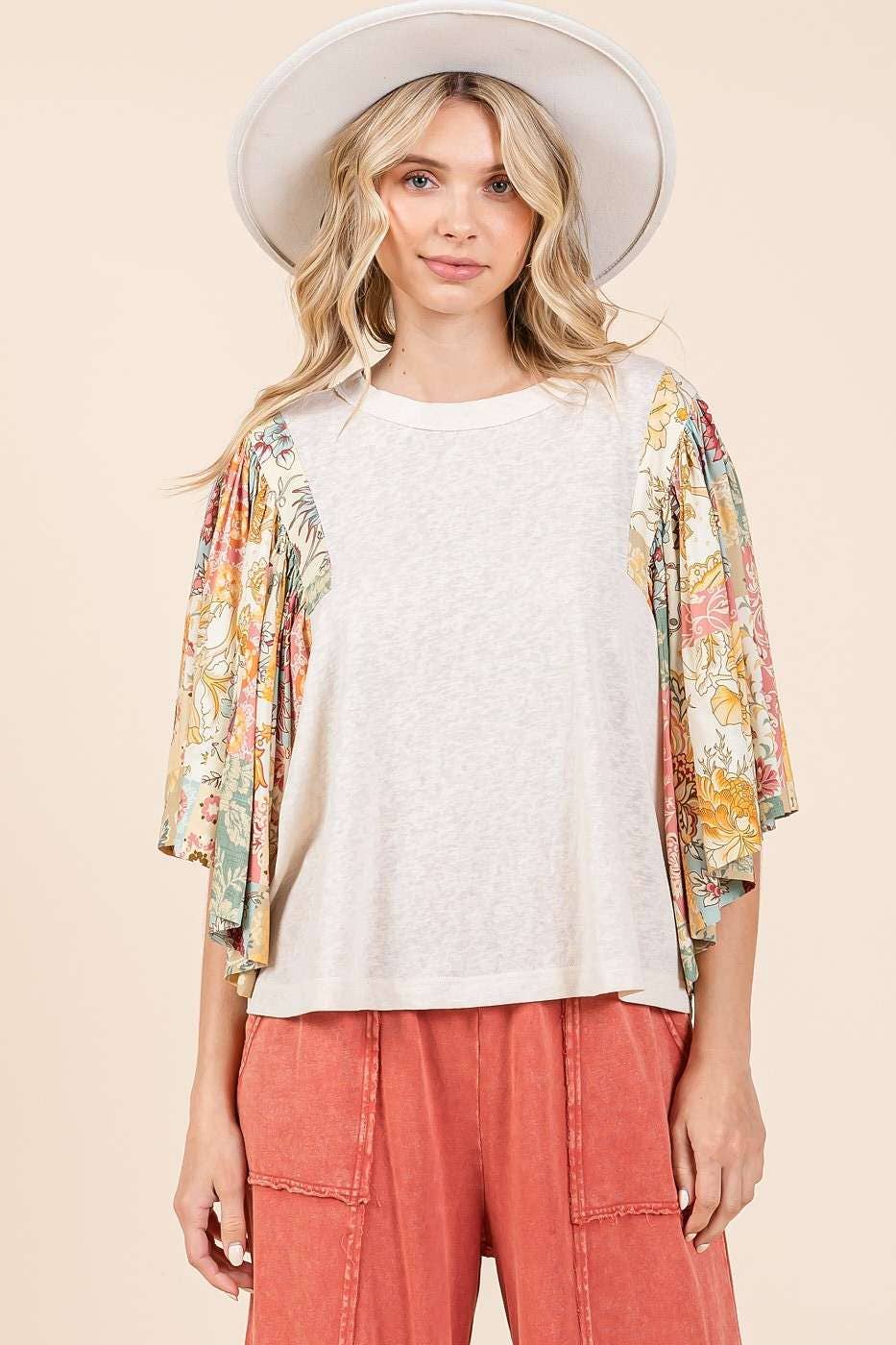 mittoshop - FLORAL PATCHWORK PRINT RUFFLE FLUTTER SLEEVE TOP