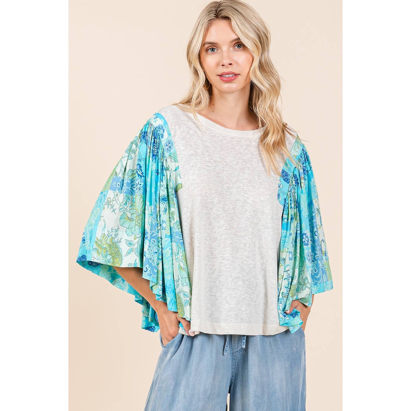 mittoshop - FLORAL PATCHWORK PRINT RUFFLE FLUTTER SLEEVE TOP