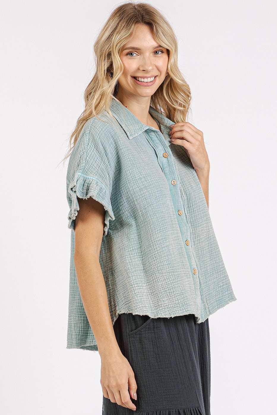 mittoshop - MINERAL WASH GAUZE RUFFLE SHORT SLEEVE SHIRT