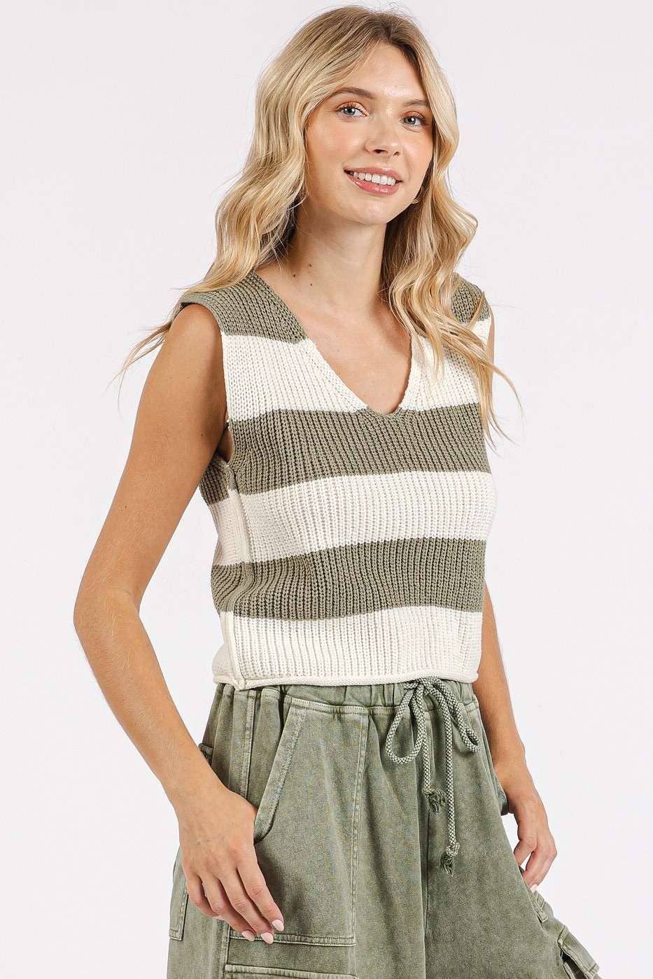 mittoshop - STRIPED V-NECK CROPPED SWEATER VEST TOP