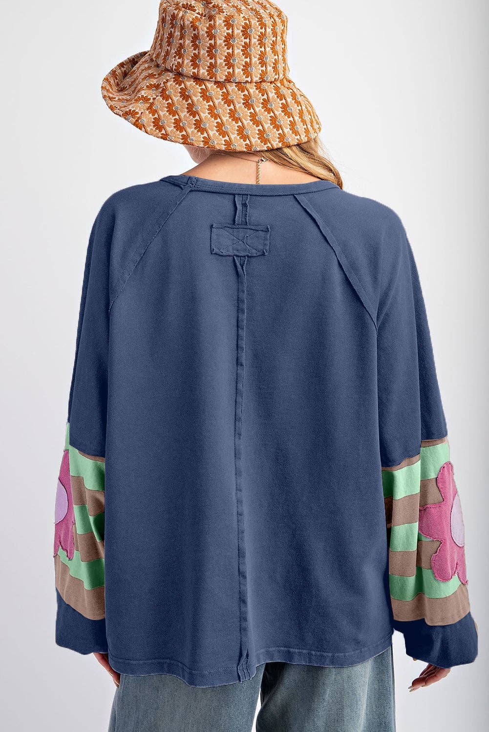 Lovesoft - Flower Patchwork Raglan Sleeve Exposed Seam Oversized Top