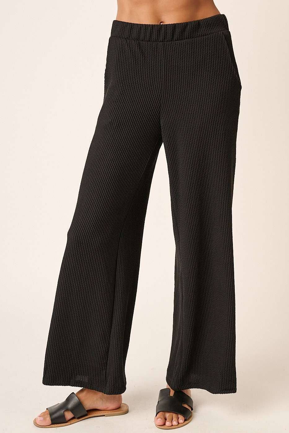 mittoshop - P9662-RIB KNIT TEXTURE ELASTIC WAIST WIDE LEG PANTS