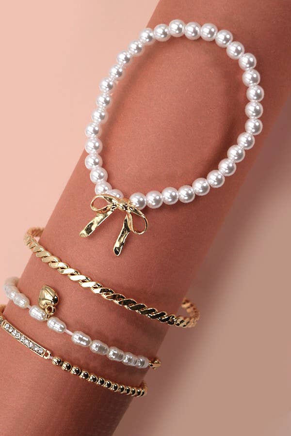JOSSLYN by wall to wall - BOW PEARL RHINESTONE BAR STRETCH BANGLE SET | 80B137