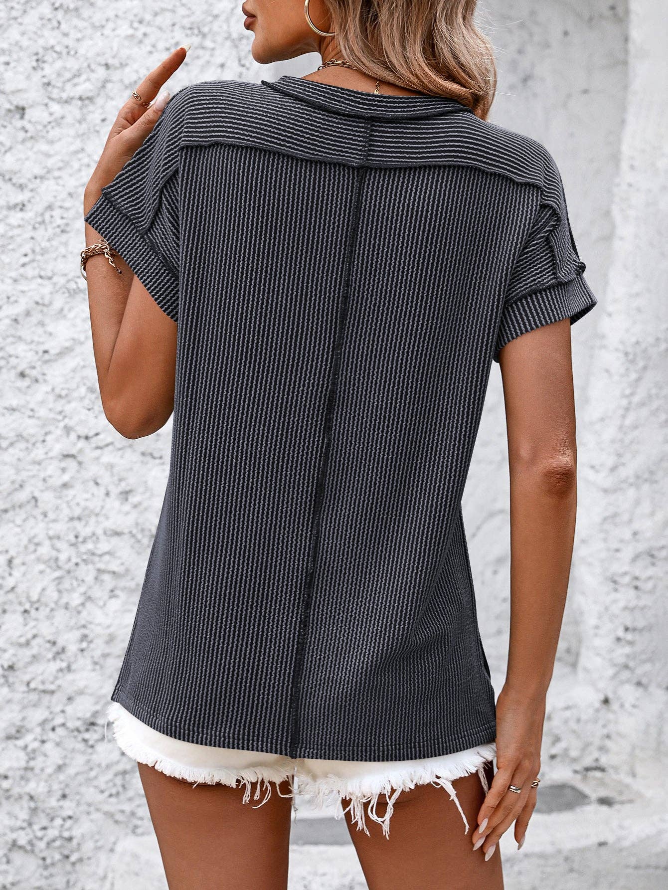 Lovesoft - Backstitch Strip Short Sleeve Knit Casual T Shirts