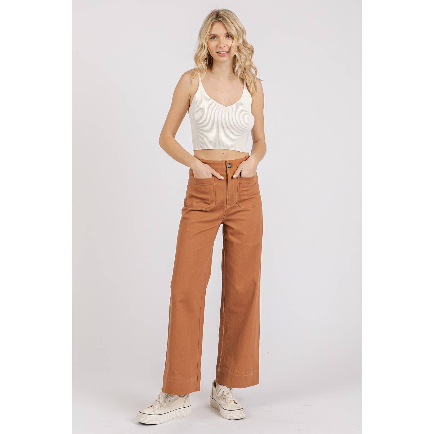 mittoshop - TWILL PATCH POCKET HIGH RISE WIDE LEG PANTS