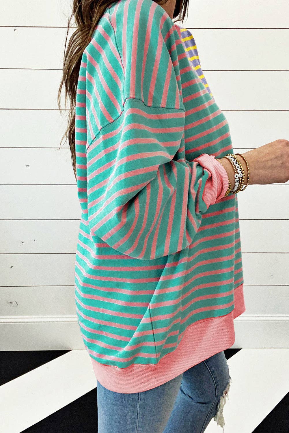 Lovesoft - Casual Stripe Colorblock Drop Shoulder Oversize Sweatshirt