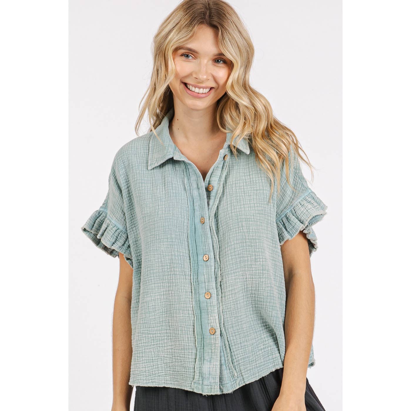mittoshop - MINERAL WASH GAUZE RUFFLE SHORT SLEEVE SHIRT